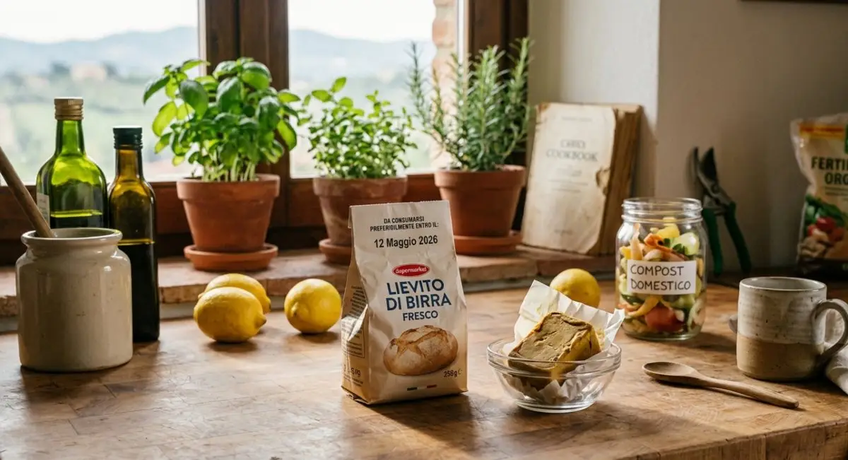 Composizione su tavolo rustico con panetto di lievito di birra fresco scaduto nel 2026, piante aromatiche in vaso, limoni e un barattolo per il compostaggio domestico.