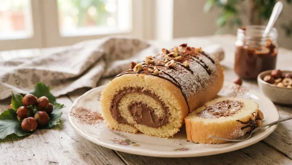 Rotolo con crema alla nocciola fatto in casa Rotolo di pan di Spagna chiaro e soffice farcito con crema alla nocciola, decorato con granella e zucchero a velo su un tavolo rustico in legno.