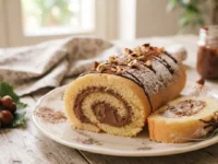 Rotolo di pan di Spagna chiaro e soffice farcito con crema alla nocciola, decorato con granella e zucchero a velo su un tavolo rustico in legno.