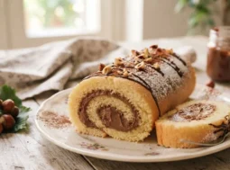 Rotolo di pan di Spagna chiaro e soffice farcito con crema alla nocciola, decorato con granella e zucchero a velo su un tavolo rustico in legno.