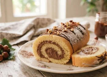 Rotolo di pan di Spagna chiaro e soffice farcito con crema alla nocciola, decorato con granella e zucchero a velo su un tavolo rustico in legno.