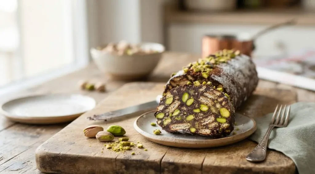Salame di cioccolato al pistacchio fatto in casa Fetta di salame di cioccolato al pistacchio su un piatto di ceramica, adagiato su un tagliere di legno con pistacchi sgusciati e interi sullo sfondo.