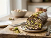 Fetta di salame di cioccolato al pistacchio su un piatto di ceramica, adagiato su un tagliere di legno con pistacchi sgusciati e interi sullo sfondo.