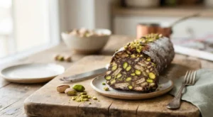 Salame di cioccolato al pistacchio fatto in casa Fetta di salame di cioccolato al pistacchio su un piatto di ceramica, adagiato su un tagliere di legno con pistacchi sgusciati e interi sullo sfondo.
