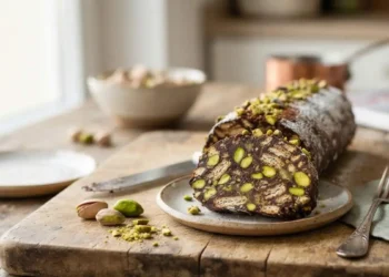 Fetta di salame di cioccolato al pistacchio su un piatto di ceramica, adagiato su un tagliere di legno con pistacchi sgusciati e interi sullo sfondo.