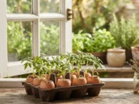 Piccole piantine germogliate all'interno di gusci d'uovo riutilizzati come semenzai biodegradabili su un davanzale in legno.