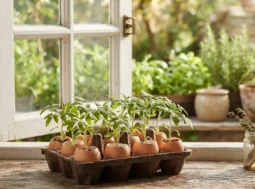 Piccole piantine germogliate all'interno di gusci d'uovo riutilizzati come semenzai biodegradabili su un davanzale in legno.