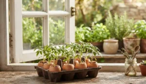 Semenzai fai da te con gusci d'uovo per il giardinaggio ecologico Piccole piantine germogliate all'interno di gusci d'uovo riutilizzati come semenzai biodegradabili su un davanzale in legno.