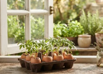 Piccole piantine germogliate all'interno di gusci d'uovo riutilizzati come semenzai biodegradabili su un davanzale in legno.