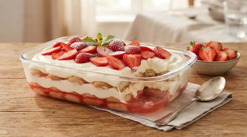 Tiramisù alle fragole fatto in casa Delizioso tiramisù alle fragole fatto in casa in una pirofila di vetro trasparente, con strati ben visibili di savoiardi, crema al mascarpone e fragole fresche in superficie.