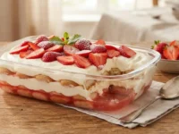 Delizioso tiramisù alle fragole fatto in casa in una pirofila di vetro trasparente, con strati ben visibili di savoiardi, crema al mascarpone e fragole fresche in superficie.