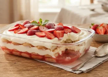 Tiramisù alle fragole fatto in casa Delizioso tiramisù alle fragole fatto in casa in una pirofila di vetro trasparente, con strati ben visibili di savoiardi, crema al mascarpone e fragole fresche in superficie.