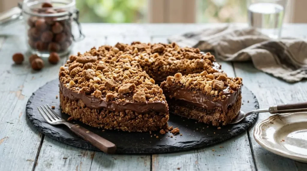 Sbriciolata fredda veloce al cioccolato e nocciole preparata senza forno con soli 3 ingredienti, servita su un piatto di ardesia scura.