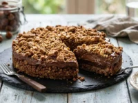 Sbriciolata fredda veloce al cioccolato e nocciole preparata senza forno con soli 3 ingredienti, servita su un piatto di ardesia scura.