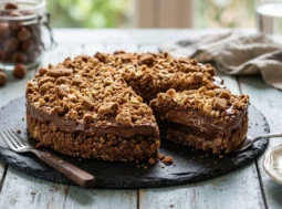 Sbriciolata fredda veloce al cioccolato e nocciole preparata senza forno con soli 3 ingredienti, servita su un piatto di ardesia scura.