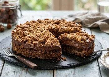 Sbriciolata fredda veloce al cioccolato e nocciole preparata senza forno con soli 3 ingredienti, servita su un piatto di ardesia scura.