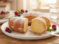 Torta soffice allo yogurt spolverata di zucchero a velo, guarnita con mirtilli e lamponi freschi su un piatto bianco da portata.