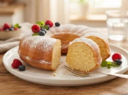 Torta soffice allo yogurt pronta da gustare Torta soffice allo yogurt spolverata di zucchero a velo, guarnita con mirtilli e lamponi freschi su un piatto bianco da portata.