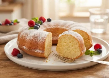 Torta soffice allo yogurt spolverata di zucchero a velo, guarnita con mirtilli e lamponi freschi su un piatto bianco da portata.