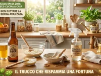 Composizione creativa in cucina che mostra il riutilizzo della birra avanzata per pulizie ecologiche, pastella e cura delle piante.