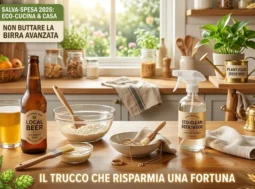 Composizione creativa in cucina che mostra il riutilizzo della birra avanzata per pulizie ecologiche, pastella e cura delle piante.