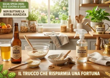 Composizione creativa in cucina che mostra il riutilizzo della birra avanzata per pulizie ecologiche, pastella e cura delle piante.