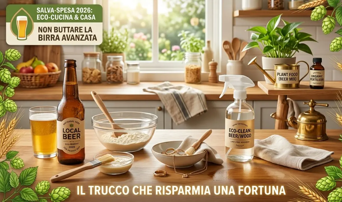 Composizione creativa in cucina che mostra il riutilizzo della birra avanzata per pulizie ecologiche, pastella e cura delle piante.