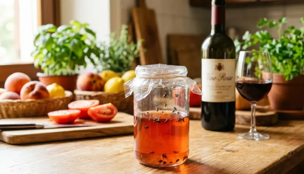 Trappola per moscerini fai da te con barattolo di vetro, pellicola e vino rosso avanzato sul piano di una cucina in estate.