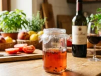 Trappola per moscerini fai da te con barattolo di vetro, pellicola e vino rosso avanzato sul piano di una cucina in estate.
