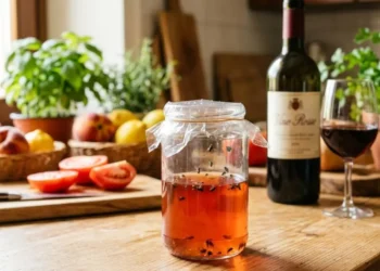Trappola per moscerini fai da te con barattolo di vetro, pellicola e vino rosso avanzato sul piano di una cucina in estate.