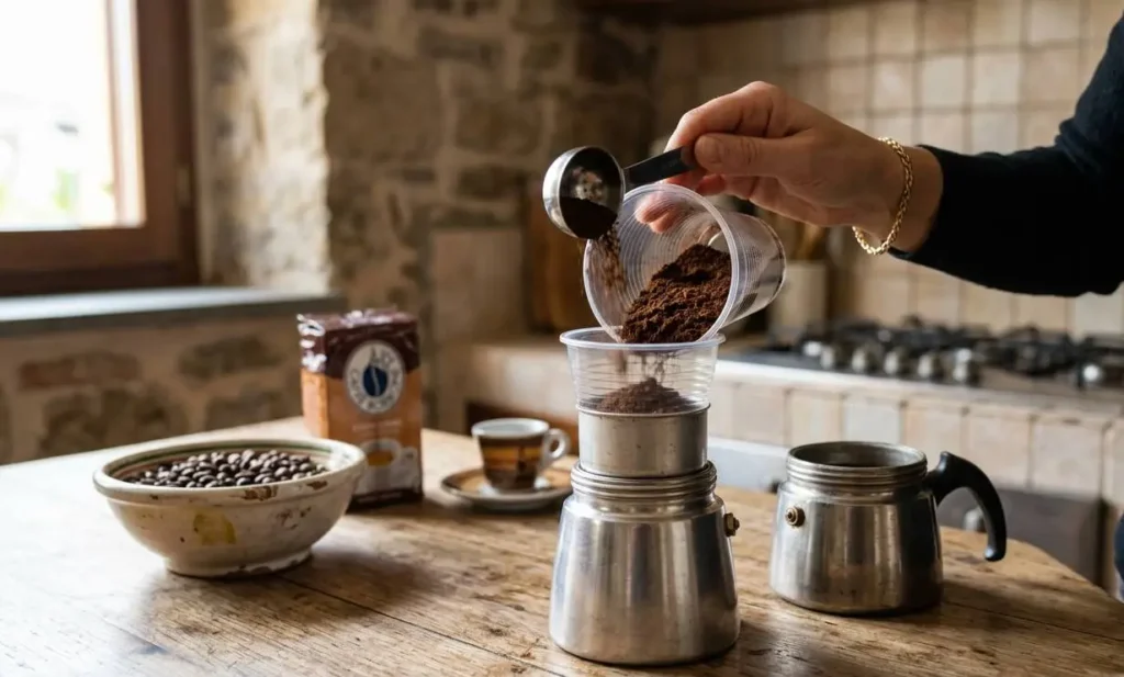 Mano che versa caffè macinato in una moka usando un bicchiere di plastica tagliato come imbuto su un tavolo di legno