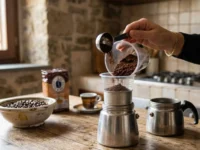 Mano che versa caffè macinato in una moka usando un bicchiere di plastica tagliato come imbuto su un tavolo di legno