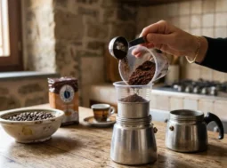 Trucco del bicchiere per non sporcare con la moka Mano che versa caffè macinato in una moka usando un bicchiere di plastica tagliato come imbuto su un tavolo di legno