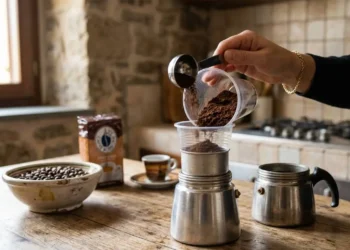 Trucco del bicchiere per non sporcare con la moka Mano che versa caffè macinato in una moka usando un bicchiere di plastica tagliato come imbuto su un tavolo di legno