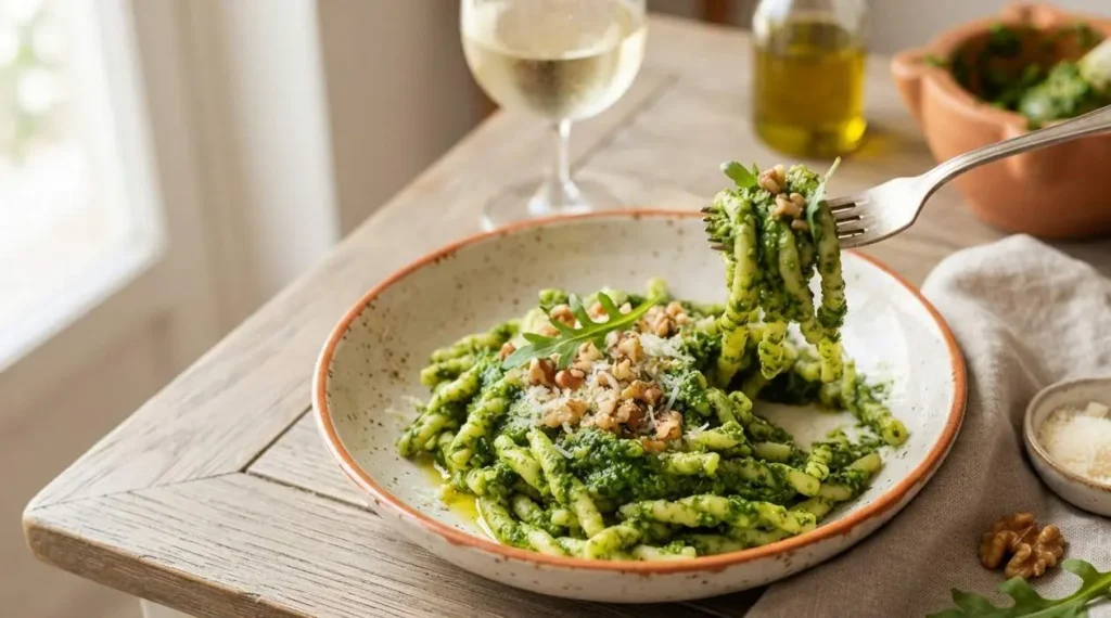 Pesto di rucola e noci: il piatto pronto per la degustazione Primo piano di un piatto di Busiate al pesto di rucola e noci, pronto per essere gustato.