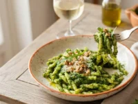 Primo piano di un piatto di Busiate al pesto di rucola e noci, pronto per essere gustato.