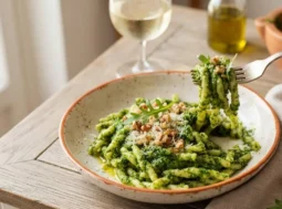 Pesto di rucola e noci: il piatto pronto per la degustazione Primo piano di un piatto di Busiate al pesto di rucola e noci, pronto per essere gustato.
