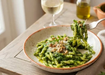 Pesto di rucola e noci: il piatto pronto per la degustazione Primo piano di un piatto di Busiate al pesto di rucola e noci, pronto per essere gustato.
