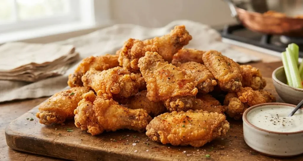 Ali di pollo fritte croccanti pronte da servire Ali di pollo fritte croccanti disposte su un tagliere di legno con ciotola di salsa e bastoncini di verdure