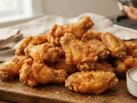 Ali di pollo fritte croccanti disposte su un tagliere di legno con ciotola di salsa e bastoncini di verdure