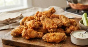 Ali di pollo fritte croccanti disposte su un tagliere di legno con ciotola di salsa e bastoncini di verdure