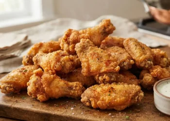 Ali di pollo fritte croccanti pronte da servire Ali di pollo fritte croccanti disposte su un tagliere di legno con ciotola di salsa e bastoncini di verdure