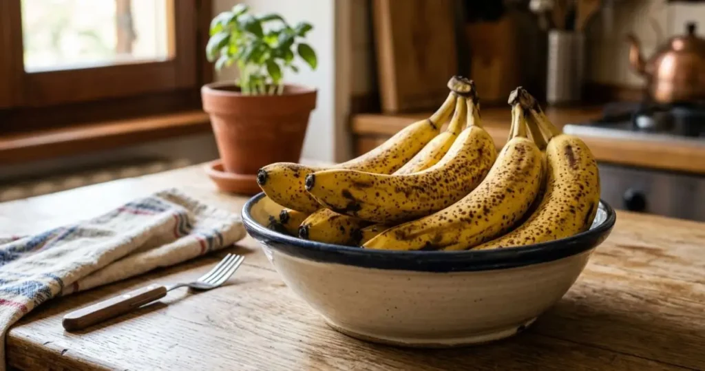 banane-mature-insalatiera-cucina Banane mature con macchie scure in un'insalatiera di ceramica su un tavolo di legno in cucina