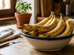 banane-mature-insalatiera-cucina Banane mature con macchie scure in un'insalatiera di ceramica su un tavolo di legno in cucina
