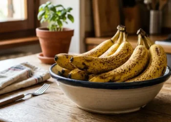 Banane mature con macchie scure in un'insalatiera di ceramica su un tavolo di legno in cucina