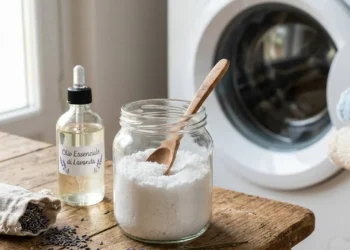 Rimedio naturale con sale e bicarbonato per lavatrice Barattolo di vetro con sale e bicarbonato di sodio su un tavolo in legno, accanto a una boccetta di olio essenziale e una lavatrice sullo sfondo.