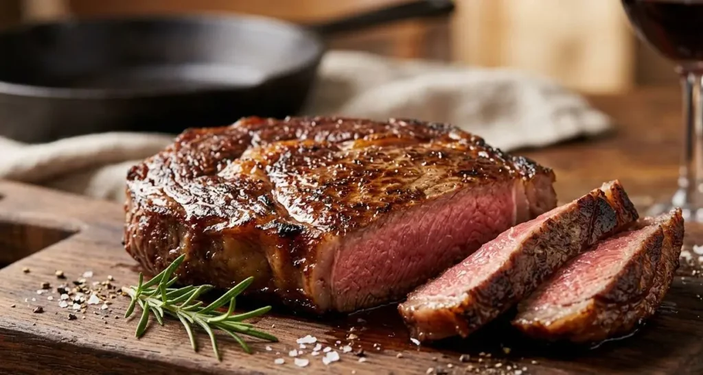 Bistecca cotta alla perfezione con carne succosa e tenera su tagliere di legno.