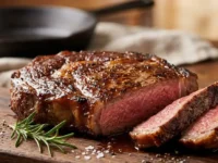 Bistecca cotta alla perfezione con carne succosa e tenera su tagliere di legno.