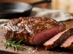 Bistecca tenera e succosa - Risultato di una cottura corretta Bistecca cotta alla perfezione con carne succosa e tenera su tagliere di legno.