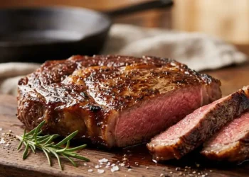 Bistecca tenera e succosa - Risultato di una cottura corretta Bistecca cotta alla perfezione con carne succosa e tenera su tagliere di legno.